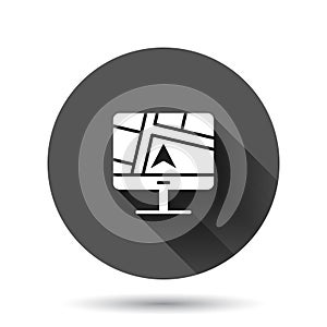 Computer navigation icon in flat style. Monitor pin gps vector illustration on black round background with long shadow effect.