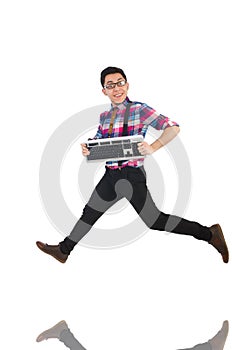 Computer nerd with keyboard isolated