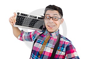 Computer nerd with keyboard isolated