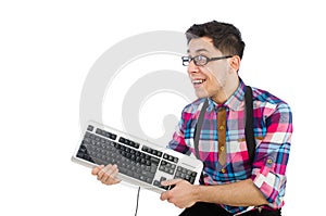 Computer nerd with keyboard isolated