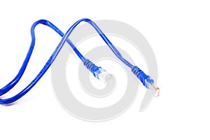 Computer network cable isolated on white background cables blue plug wire connection connect link cord wired ethernet lan net data