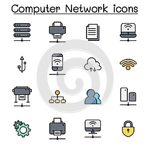 Computer network color line icon set