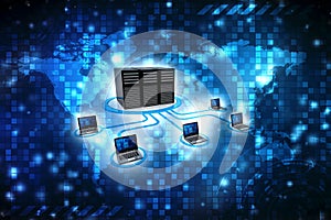 Computer Network, Computer Connected to Server. 3d render