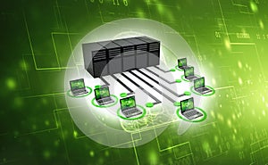 Computer Network, Computer Connected to Server. 3d render
