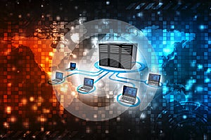 Computer Network, Computer Connected to Server. 3d render