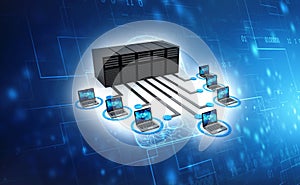 Computer Network, Computer Connected to Server. 3d render