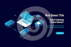 Computer network concept, server room rack isometric icon, network topology, data security protection, laptop connected