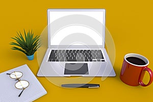 Computer Network Connection Digital Technology, Coffee cup with notebook on yellow table background, Top view with copyspace for y