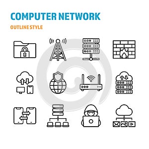 Computer Network in outline icon and symbol set