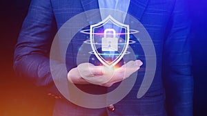 Computer network protection, secure and safe your data concept, businessman holding shield protection icon