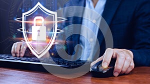 Computer network protection, secure and safe your data concept, businessman holding shield protection icon, Security shield Lock