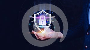 Computer network protection, secure and safe your data concept, businessman holding shield protection icon, Security shield Lock