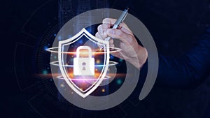 Computer network protection, secure and safe your data concept, businessman holding shield protection icon, Security shield Lock