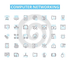 Computer networking linear icons set. Router, LAN, WAN, Ethernet, Firewall, Modem, DNS line vector and concept signs. IP