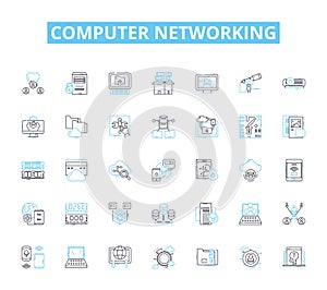 Computer networking linear icons set. Router, LAN, WAN, Ethernet, Firewall, Modem, DNS line vector and concept signs. IP