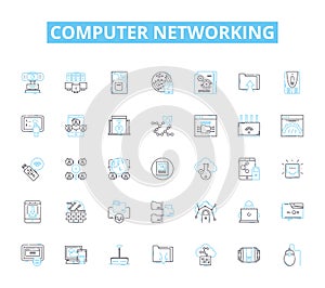 Computer networking linear icons set. Router, LAN, WAN, Ethernet, Firewall, Modem, DNS line vector and concept signs. IP photo