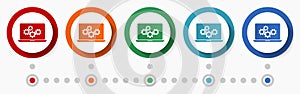 Computer, notebook concept vector icon set, infographic template, flat design colorful web buttons in 5 color options