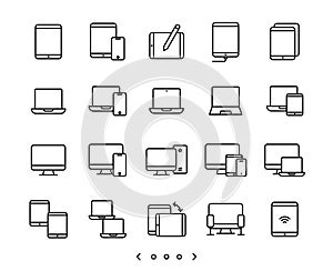 Computer, notebook, tablet and smartphone device line icon set
