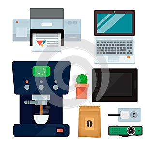 Computer office equipment technic gadgets modern workplace communication device laptop monitor printer keyboard vector