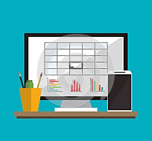 Computer office work time supply icon, vector