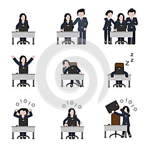 Computer and office work woman icon set. Vector.