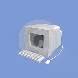 Computer old model with keyboard and mouse 3d render illustration