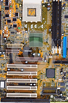 Computer old motherboard close up