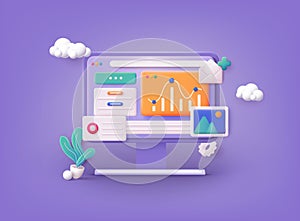 Computer with open pages. Landing page template for web. Data analytics, dashboard and business finance report. 3D