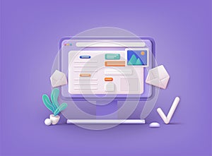 Computer with open pages. Landing page template for web. Data analytics, dashboard and business finance report. 3D Web Vector