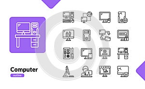 Computer outline icon set for technology and digital tools