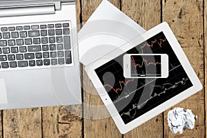 Computer, paper, smartphone and tablet with graph on wood table