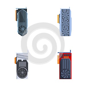 Computer part icons set cartoon vector. Computer graphic card with cooling fan