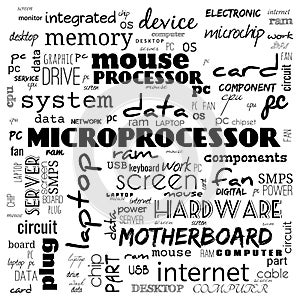 computer parts, desktop parts word cloud, text, word cloud use for banner, painting, motivation, web-page, website background, t-