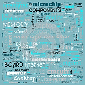 computer parts, desktop parts word cloud, text, word cloud use for banner, painting, motivation, web-page, website background, t-