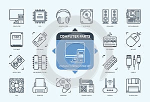 Computer Parts icons set with description