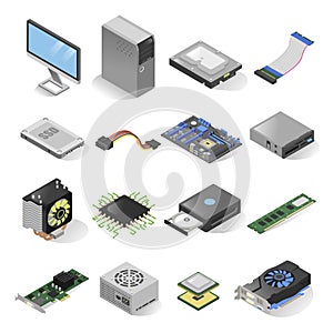 Computer parts isometric set isolated on white background