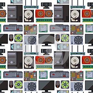 Computer parts network component accessories various electronics devices seamless pattern background processor drive