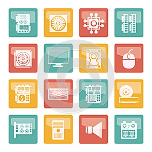 Computer performance and equipment icons over colored background