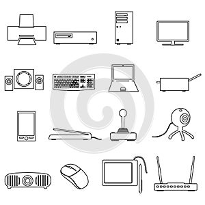 Computer peripherals black outline icons set photo