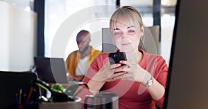 Computer, phone and business woman checking digital information, biometric and authentication in office. Woman