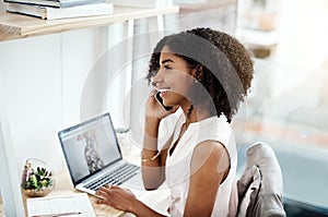 Computer, phone call and fashion woman with ideas, planning or networking in e commerce, small business or online