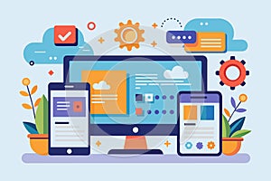 A computer, phone, and tablet displaying various icons on their screens in a flat design, Mobile ux Customizable Flat Illustration