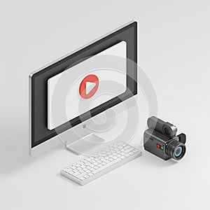 Computer with play button and camera concept, isolated on white background