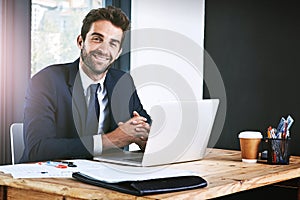 Computer, portrait and business man in office, happy planning, accounting review or finance mindset with website. Face