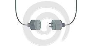 Computer power cable connector symbol, wired connection to pc, flat grey design on white background