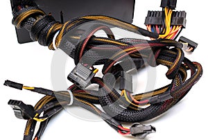 Computer power supply cable on a white background.