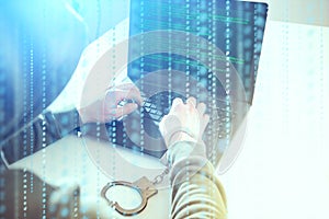 Computer privacy attack. Hackers programmer look on screen and forcibly writes the program code hack information