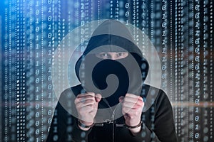 Computer privacy attack. Hackers programmer look on screen and forcibly writes the program code hack information