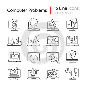 Computer problems linear icons set