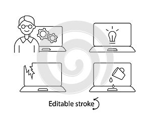 Computer problems outline icons set. Computer crash. Computer repair wizard